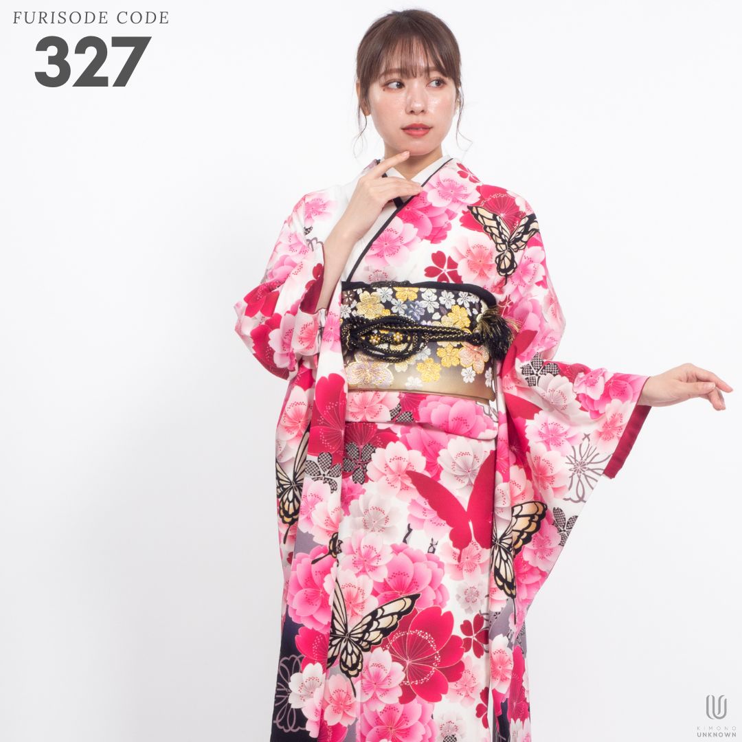 成人式振袖レンタル un-rfs-327 蝶と洋花柄 ピンク・白