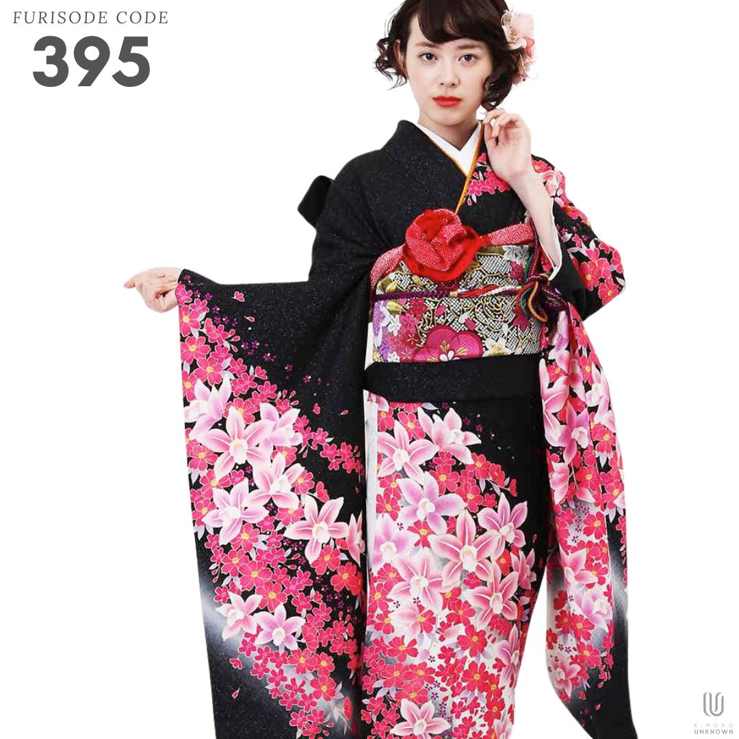 正絹 洋花の花柄 黒・ピンク No.395｜成人式 振袖レンタル｜kimonoあんのん