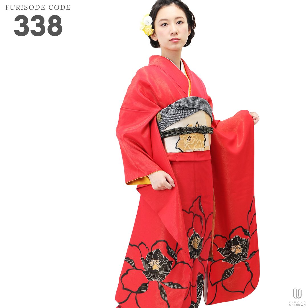 成人式振袖レンタル un-rfs-338 正絹 牡丹の花柄 赤・オレンジ