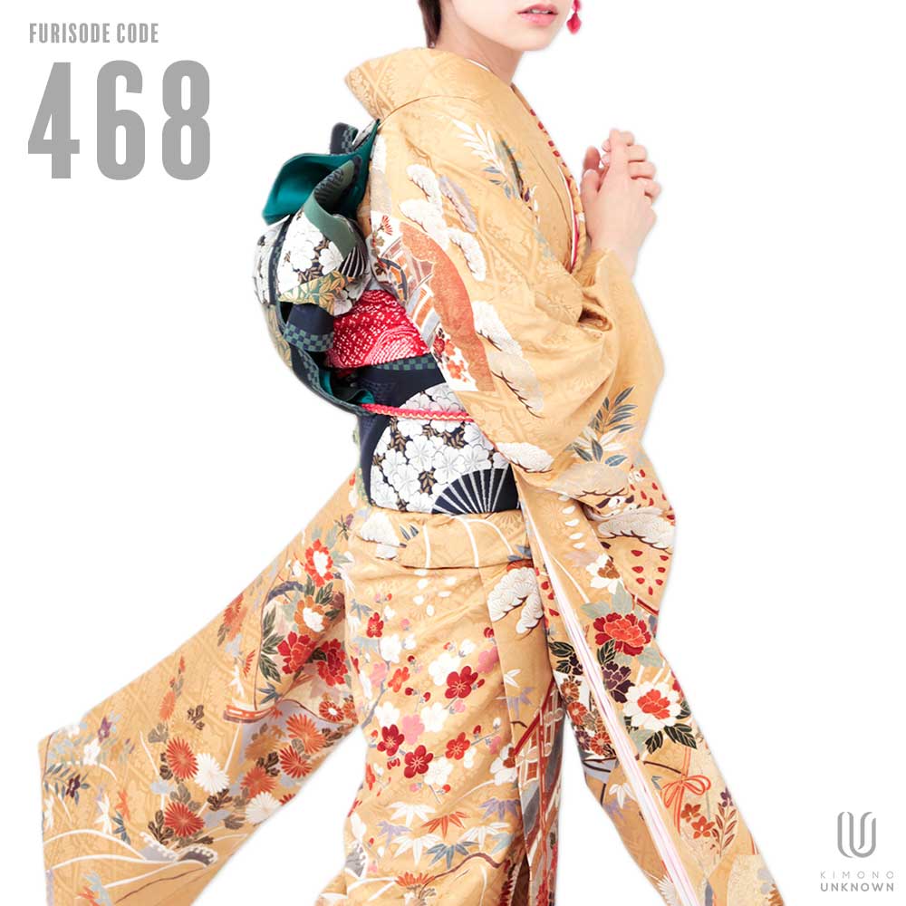 正絹 菊と御所車柄 黄色・オレンジ No.468｜成人式 振袖レンタル