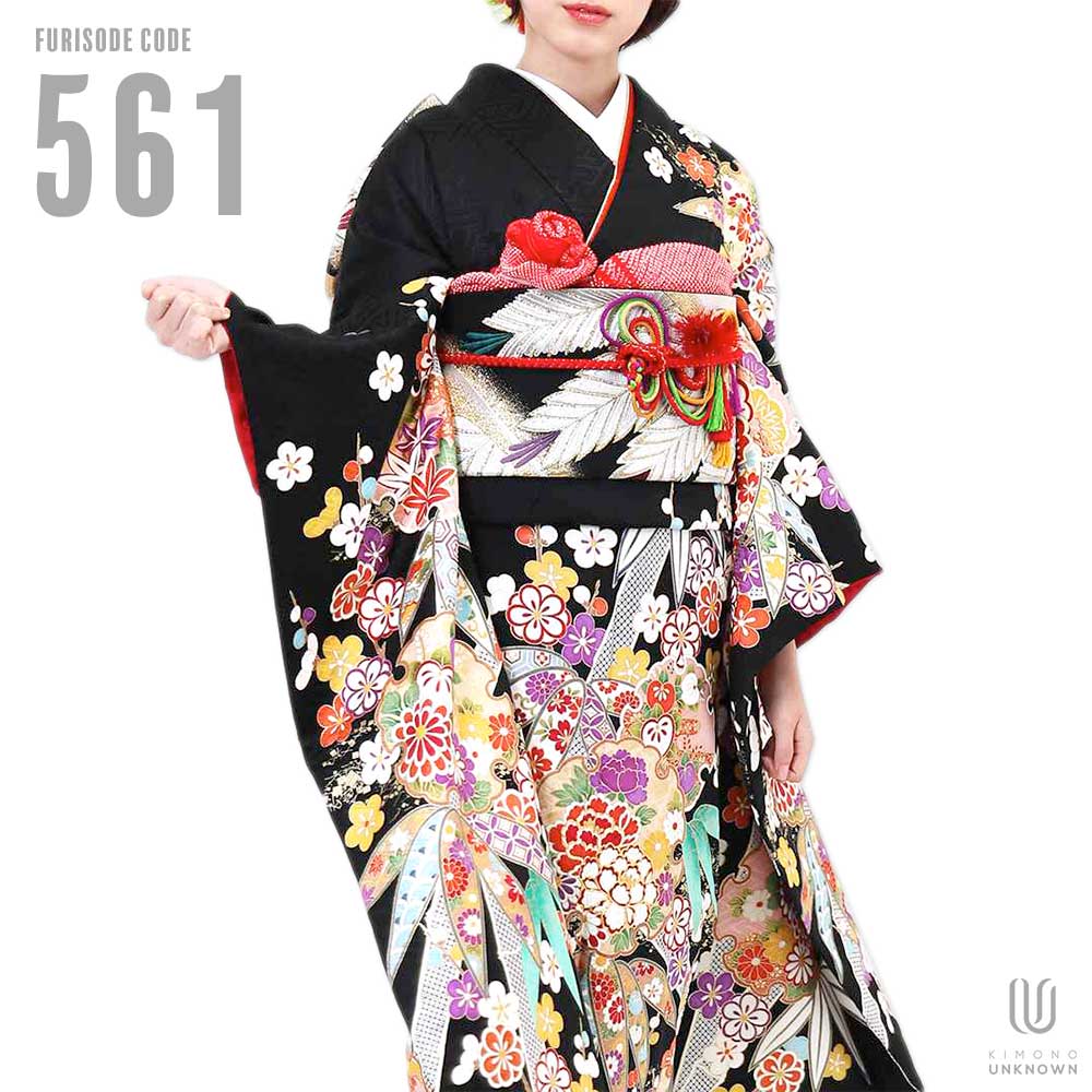 正絹 黒地の古典花柄 No.561｜成人式 振袖レンタル｜kimonoあんのん