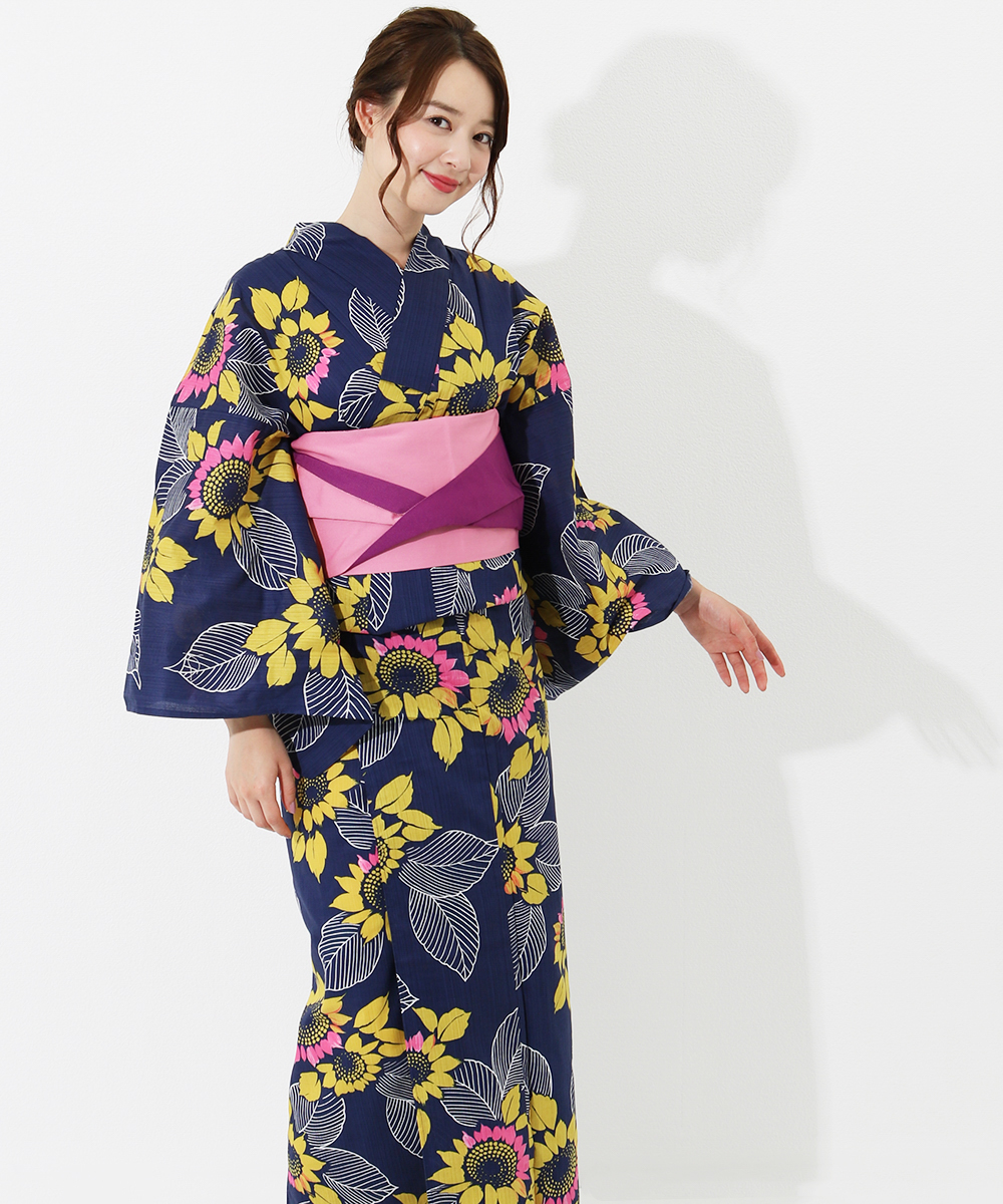 画像の黄帯つき■◆大人ゆかた◆品ある紫陽花（あじさい）紺浴衣◆ 浴衣 | 紺色地に黄色とピンクの向日葵｜kimonoあんのん